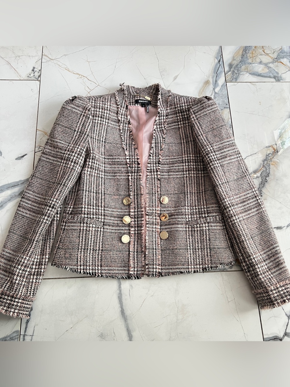 DKNY Pink and Black Plaid Tweed Blazer with Puff Sleeves size 8
